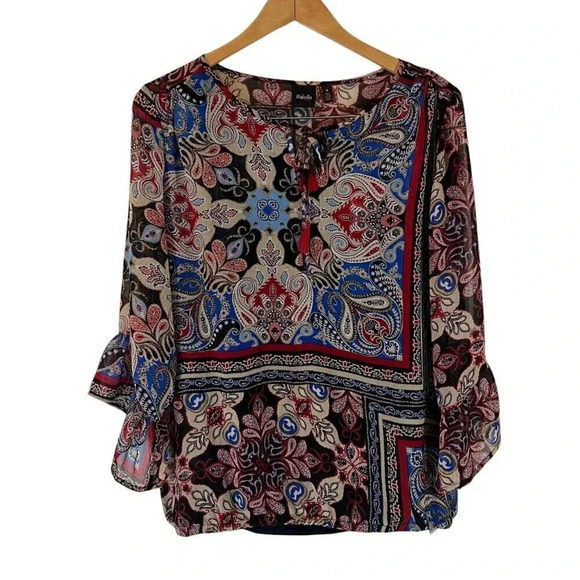 Rafaella Paisley Blouse Medium Tassel Keyhole 3/4 Bell Sleeves Cami Lined Sheer - Picture 1 of 8